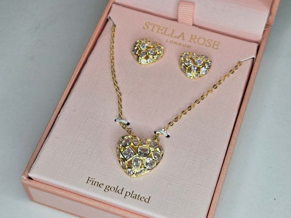 Stella Rose London Fine Gold Plated Crystal Heart Necklace Stud Earrings Jewelry